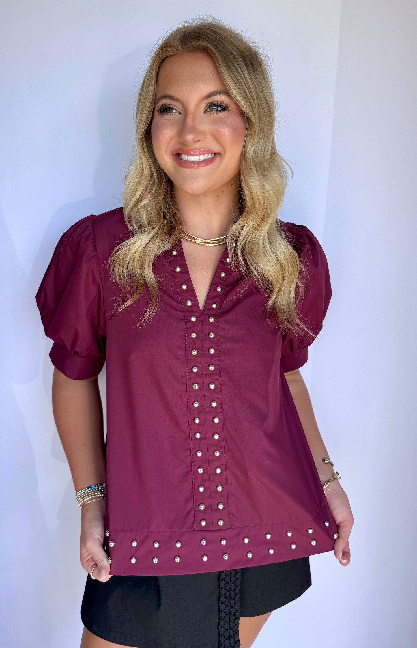Studded Balloon Sleeve Blouse- Maroon
