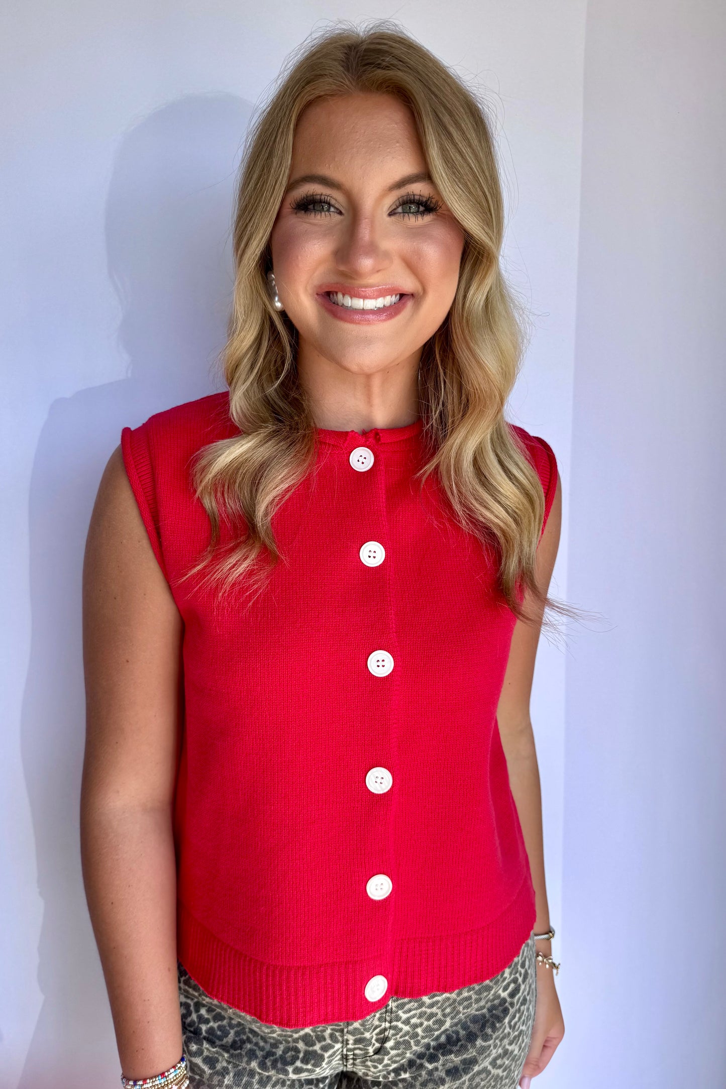 Button Up Sweater Vest- Cherry Red