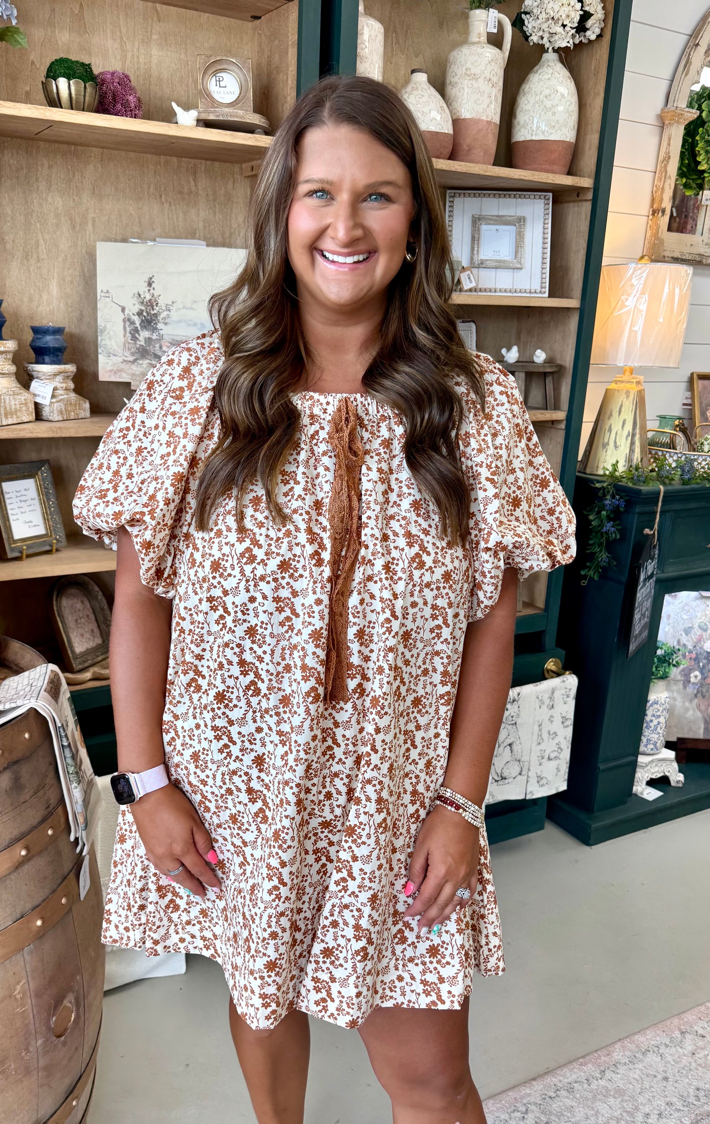 Brown Floral Print Dress ( PLUS)