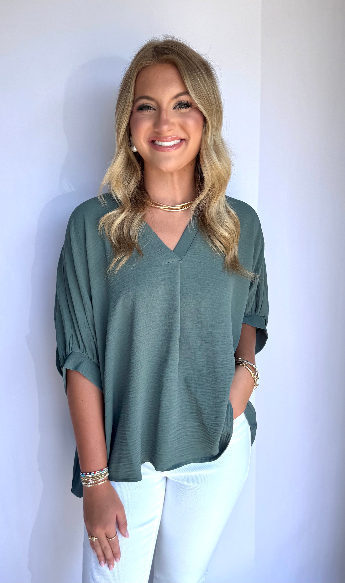Half Sleeve Woven Top- Ash Jade