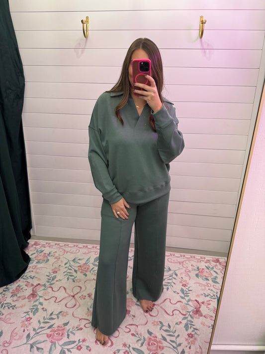 Scuba Collared Pullover Pant Set-Ash Jade