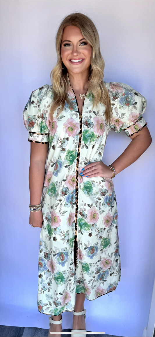 Floral & Cheetah Print Detailed Midi Dress