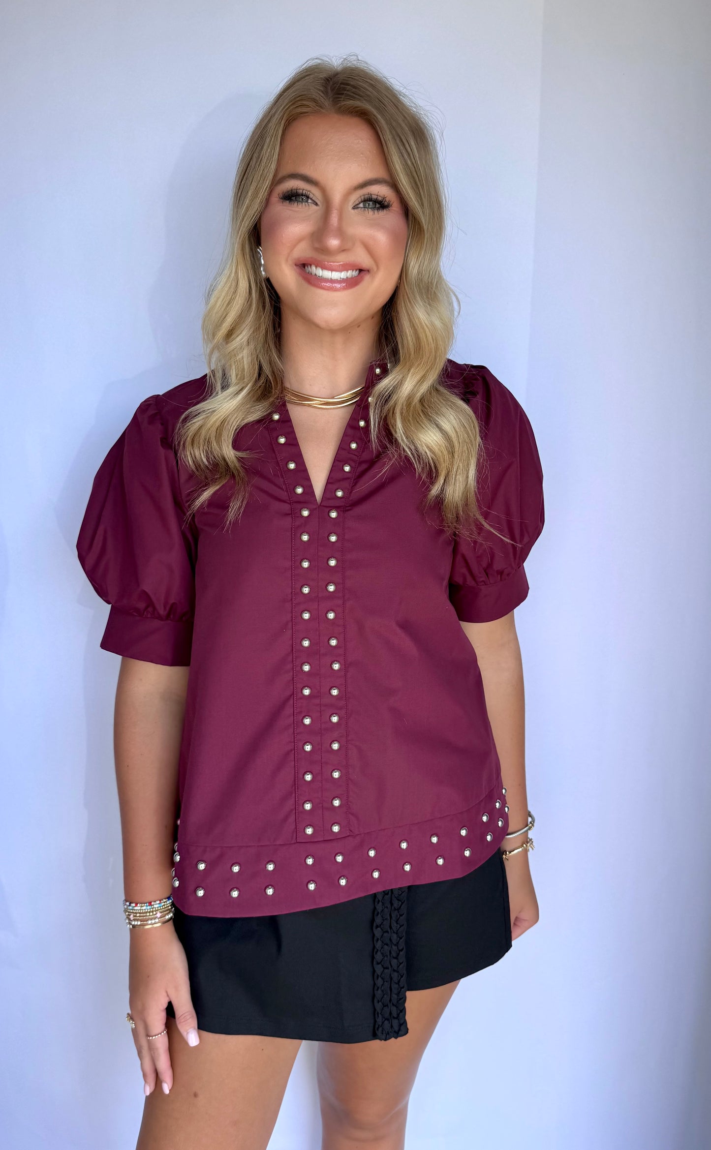 Studded Balloon Sleeve Blouse- Maroon