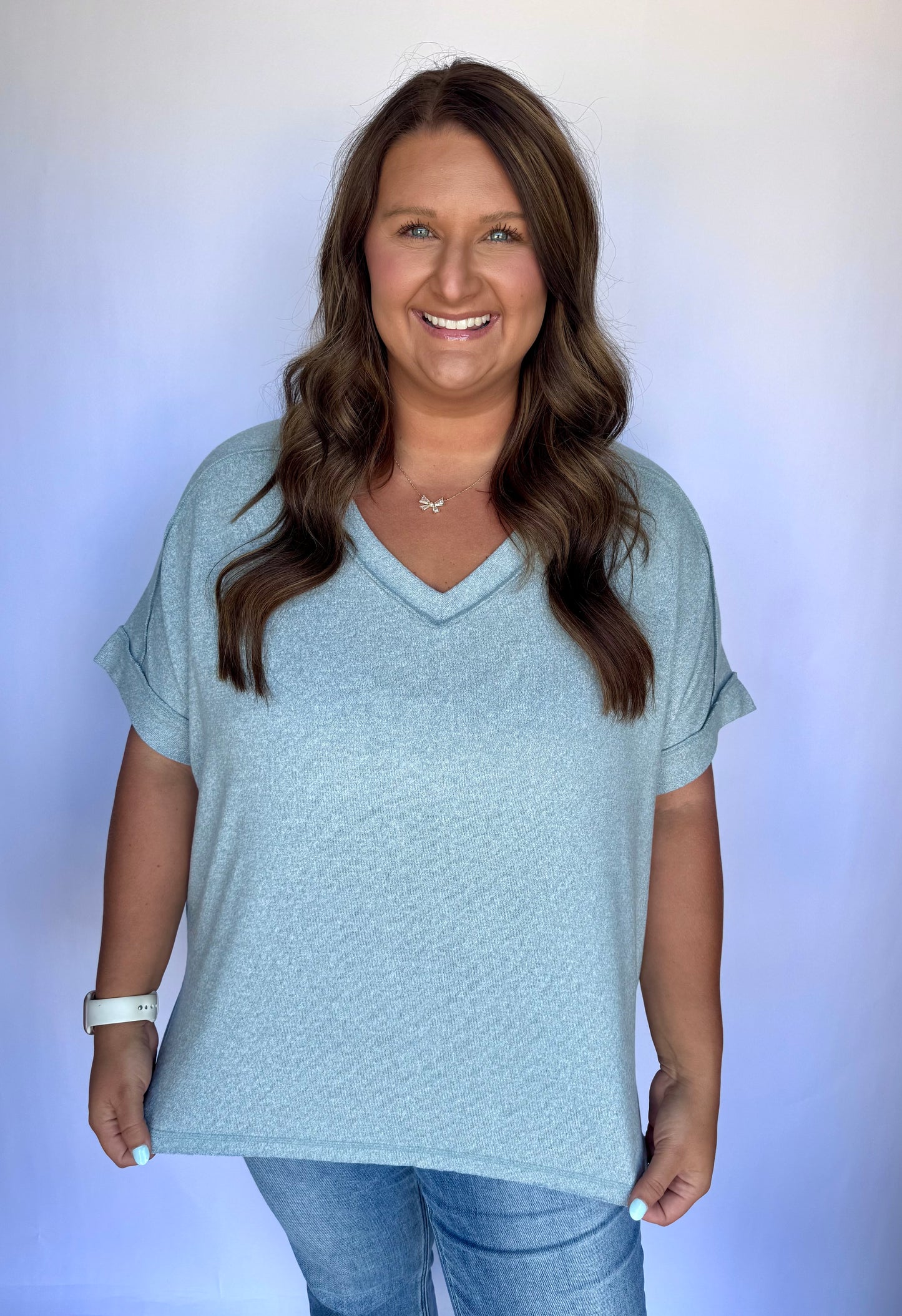 Ashley V Neck Top- Blue Gray (PLUS)