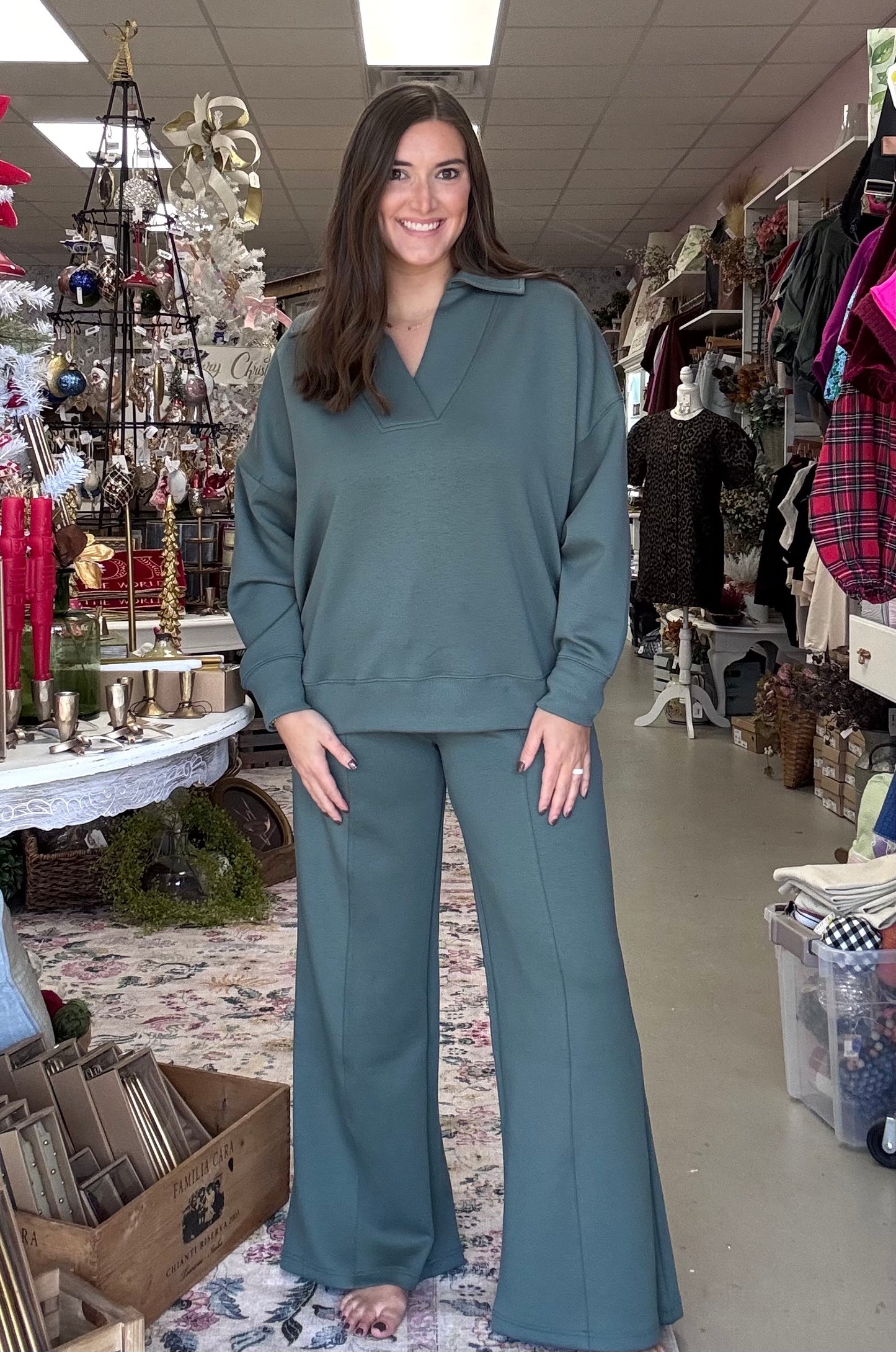 Scuba Collared Pullover Pant Set-Ash Jade