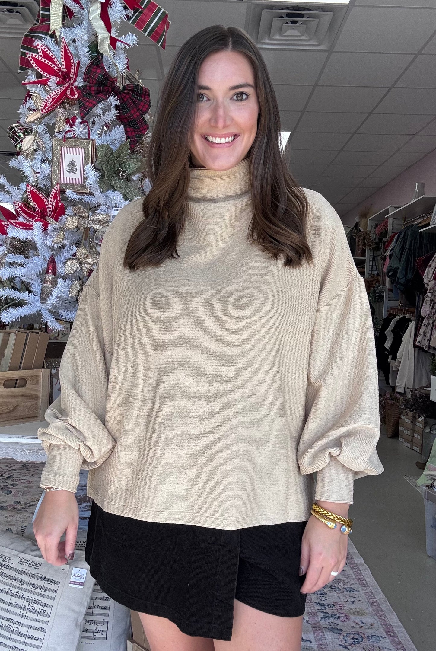 Sienna Balloon Sleeve Top-Beige