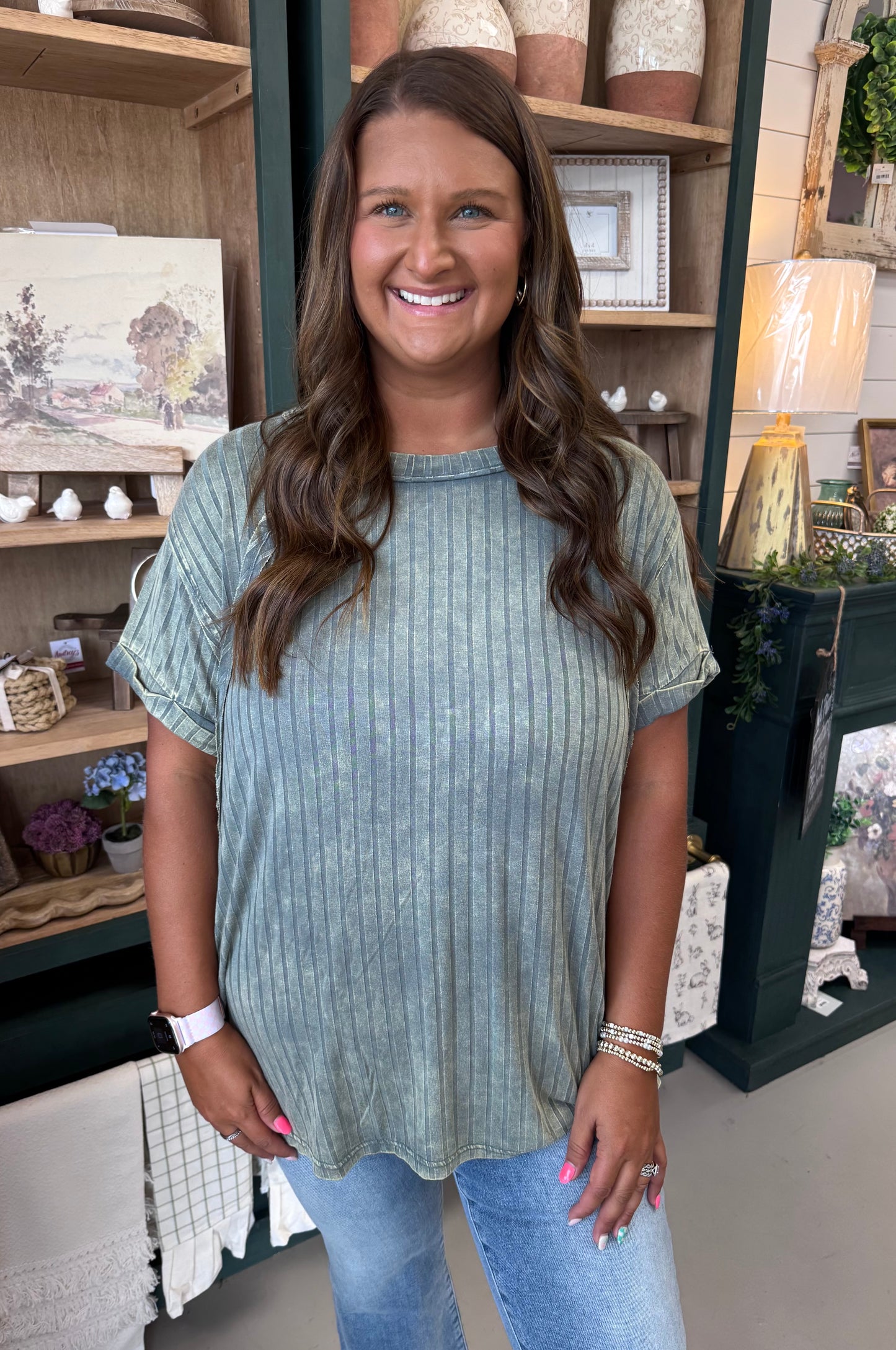 Carlie Acid Wash Top- Jade (PLUS)