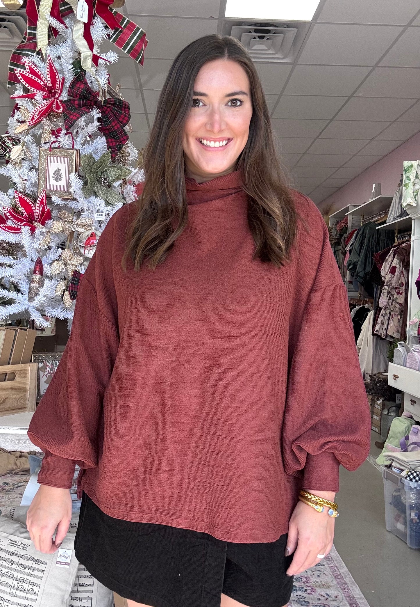 Sienna Knit Balloon Sleeve Top- Rust