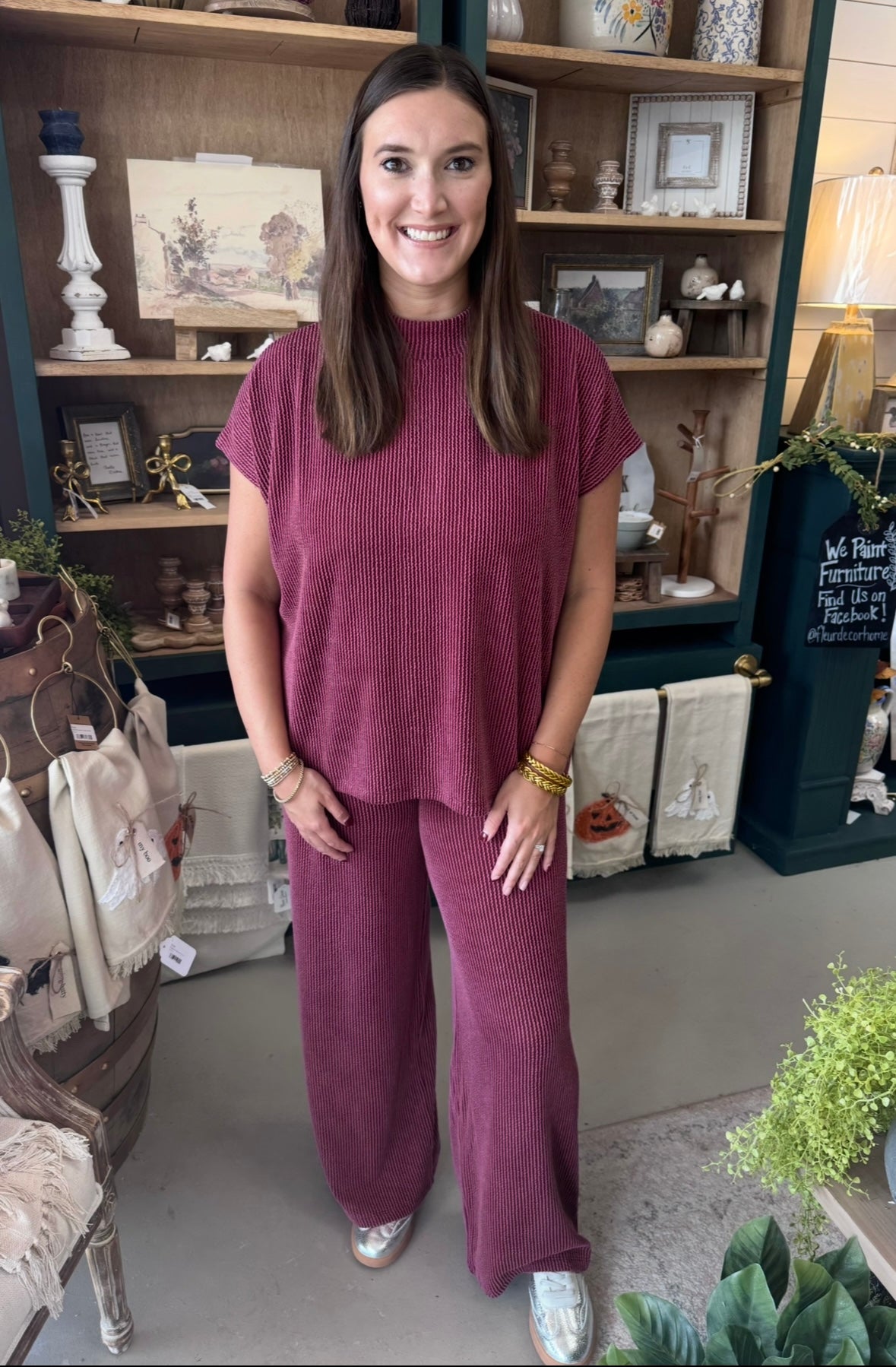 Ribbed Short Sleeve Top & Pants Set- Burgundy