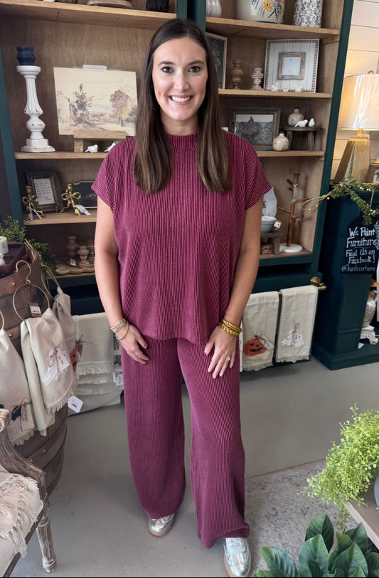 Ribbed Short Sleeve Top & Pants Set- Burgundy