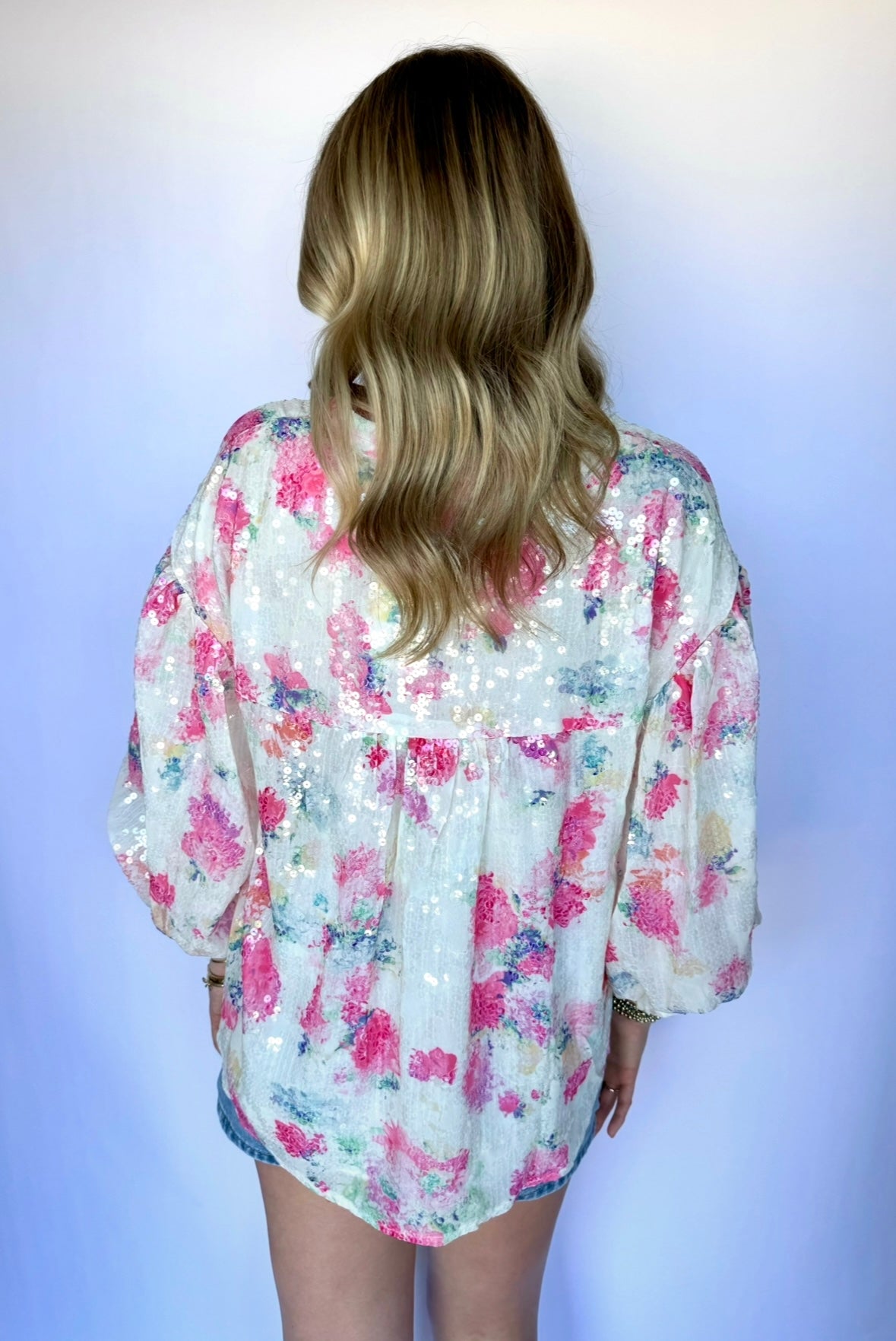 Floral Sequin Bubble Sleeve Blouse