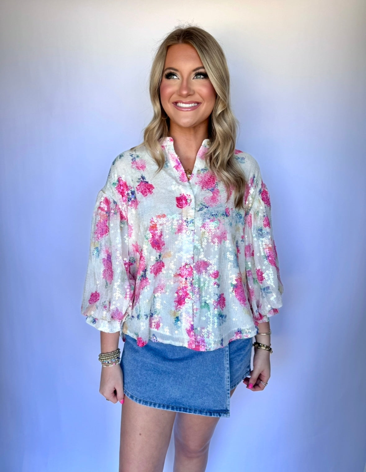 Floral Sequin Bubble Sleeve Blouse