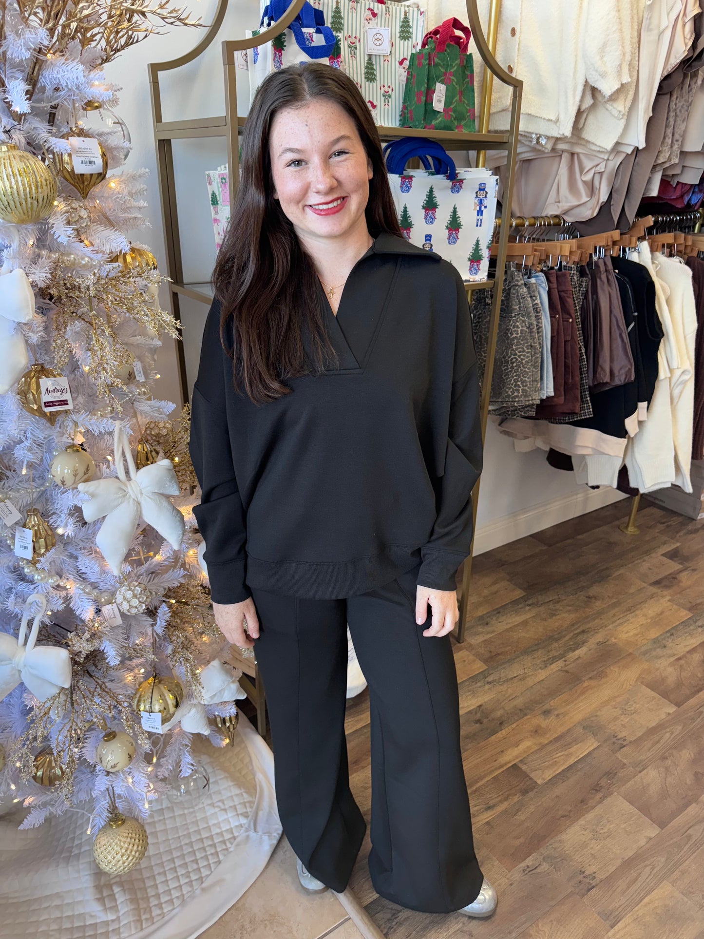 Scuba Collared Pullover Pant Set-Black