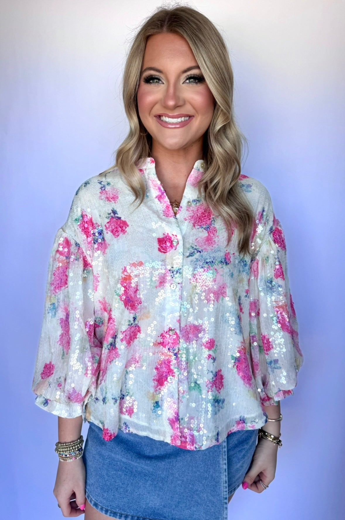 Floral Sequin Bubble Sleeve Blouse