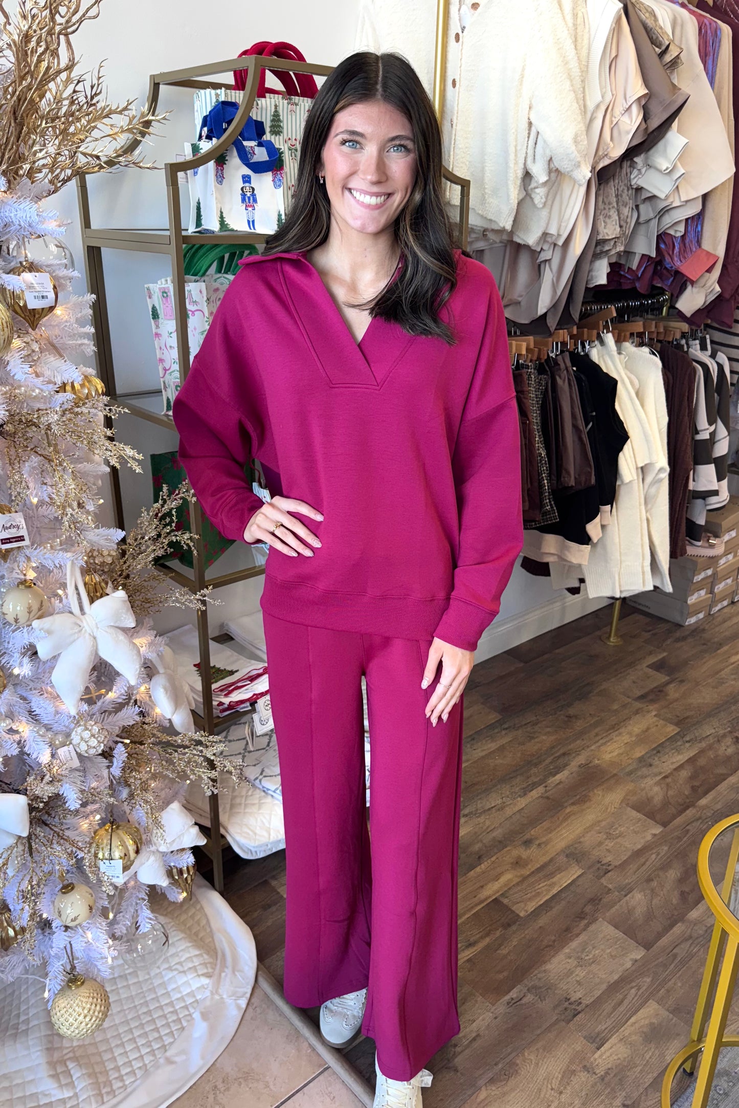 Scuba Collared Pullover Pant Set-Cabernet