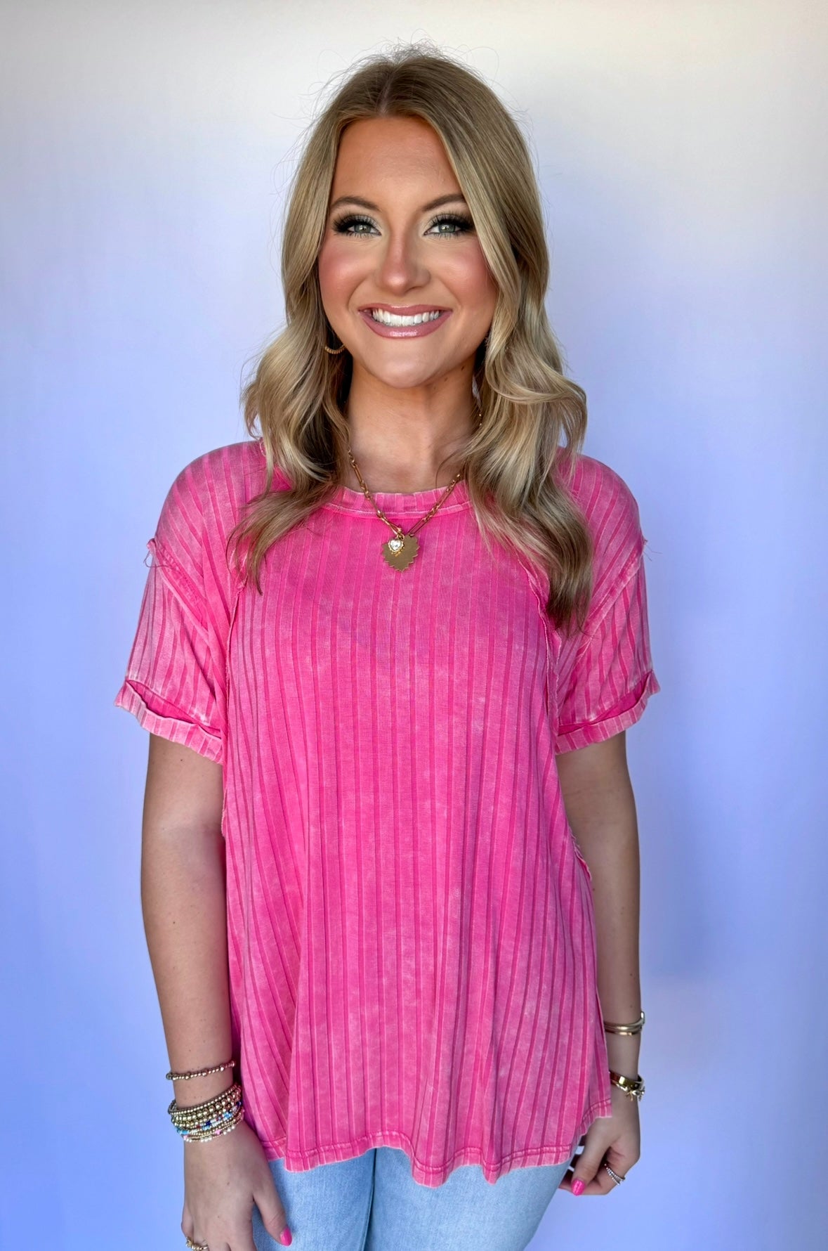 Carlie Acid Wash Ribbed Top- Fuschia
