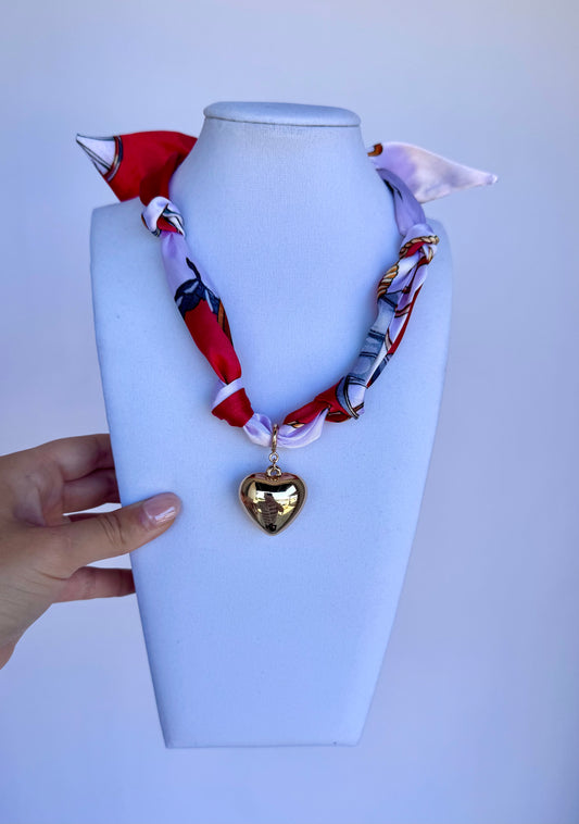 Puff Heart Scarf Necklace (Red)