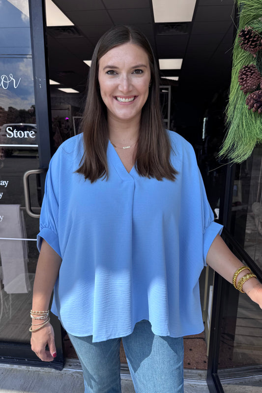 Half Sleeve Woven Top- Spring Blue