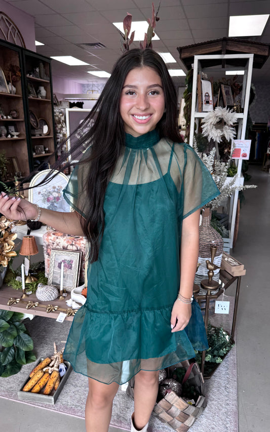 Jenna Organza Mock Neck Mini Dress-Emerald