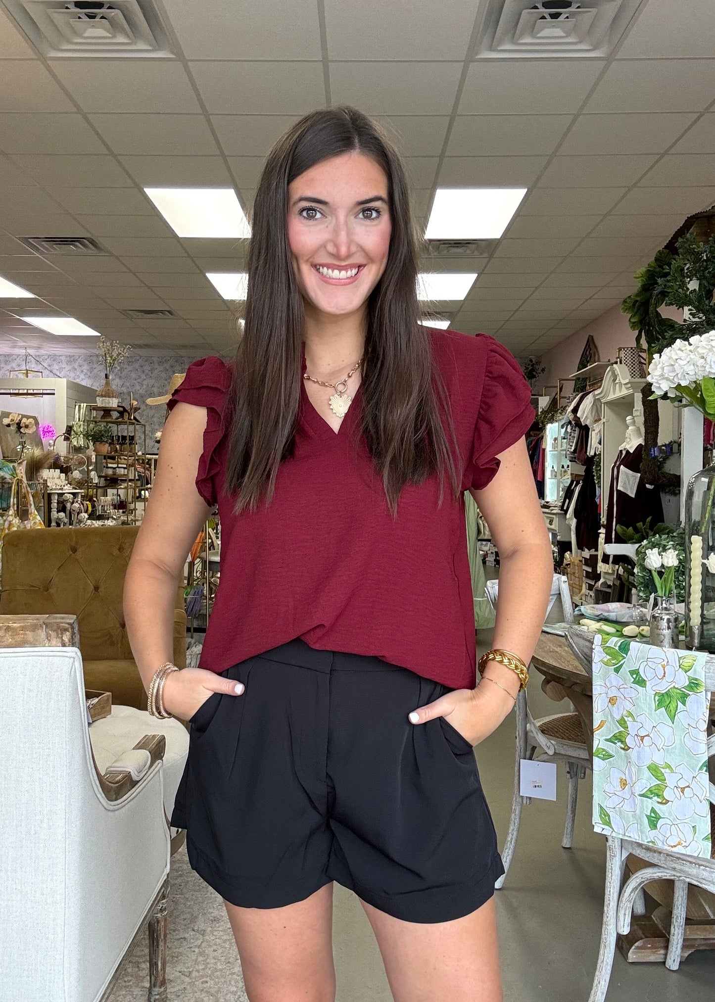 Maroon Ruffle Sleeve Top