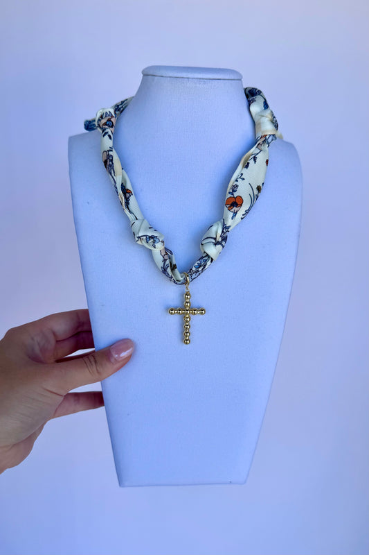 Bubble Cross Scarf Necklace (Beige)