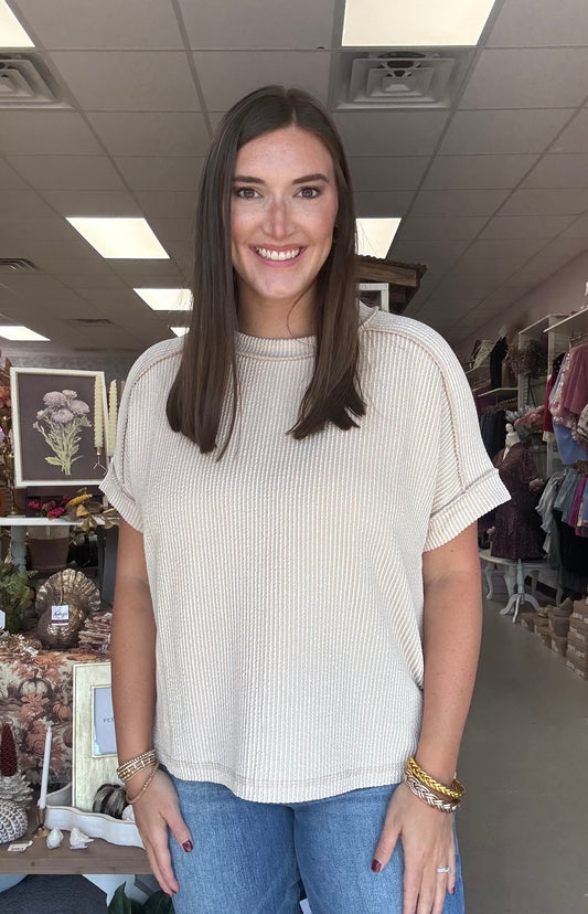 Ribbed Cuff Sleeve Top-Sand