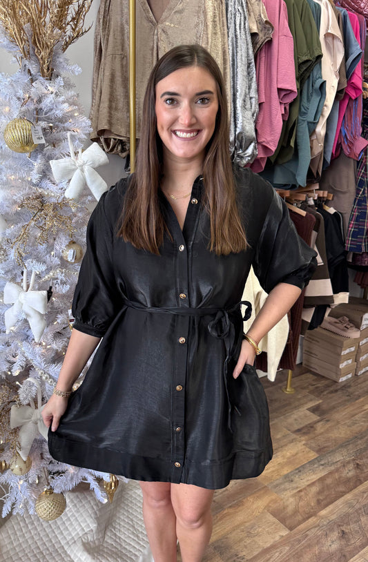 Black Puff Sleeve Waist Tie Mini Dress