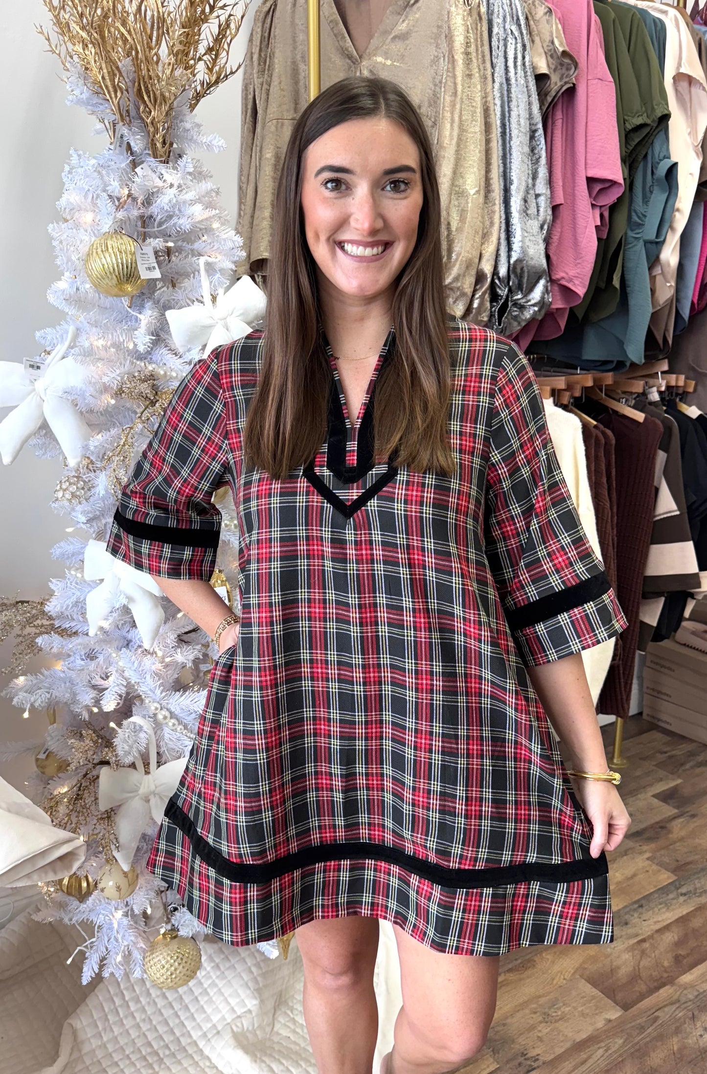 Plaid Velvet Detail Dress