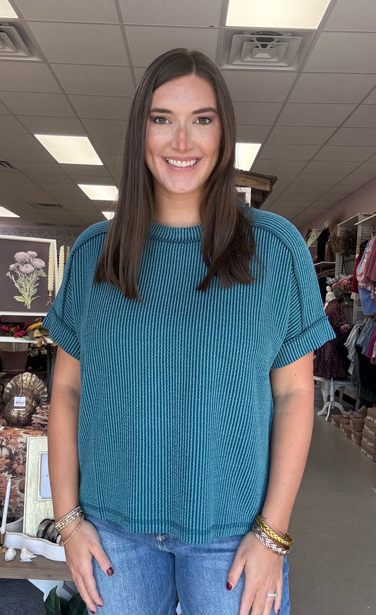Ribbed Cuff Sleeve Top-Teal