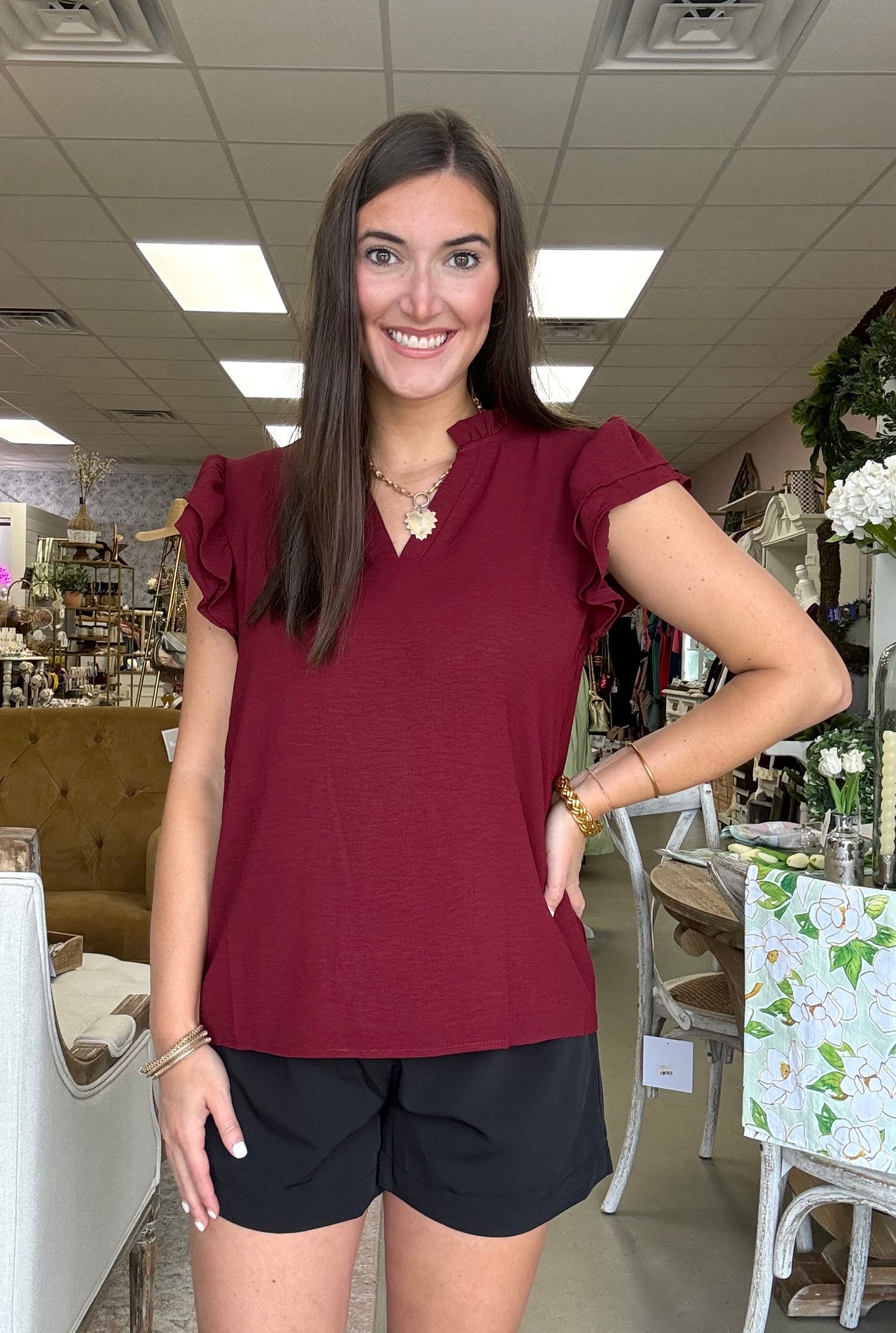 Maroon Ruffle Sleeve Top