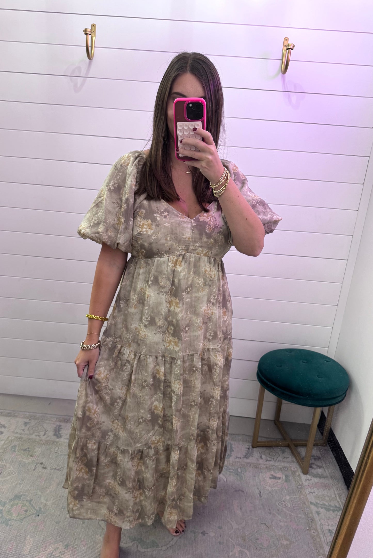 Taupe Shimmer Floral Print Dress