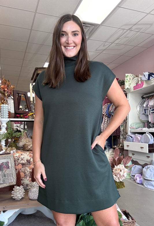 Mock Neck Muse Dress-Dark Green