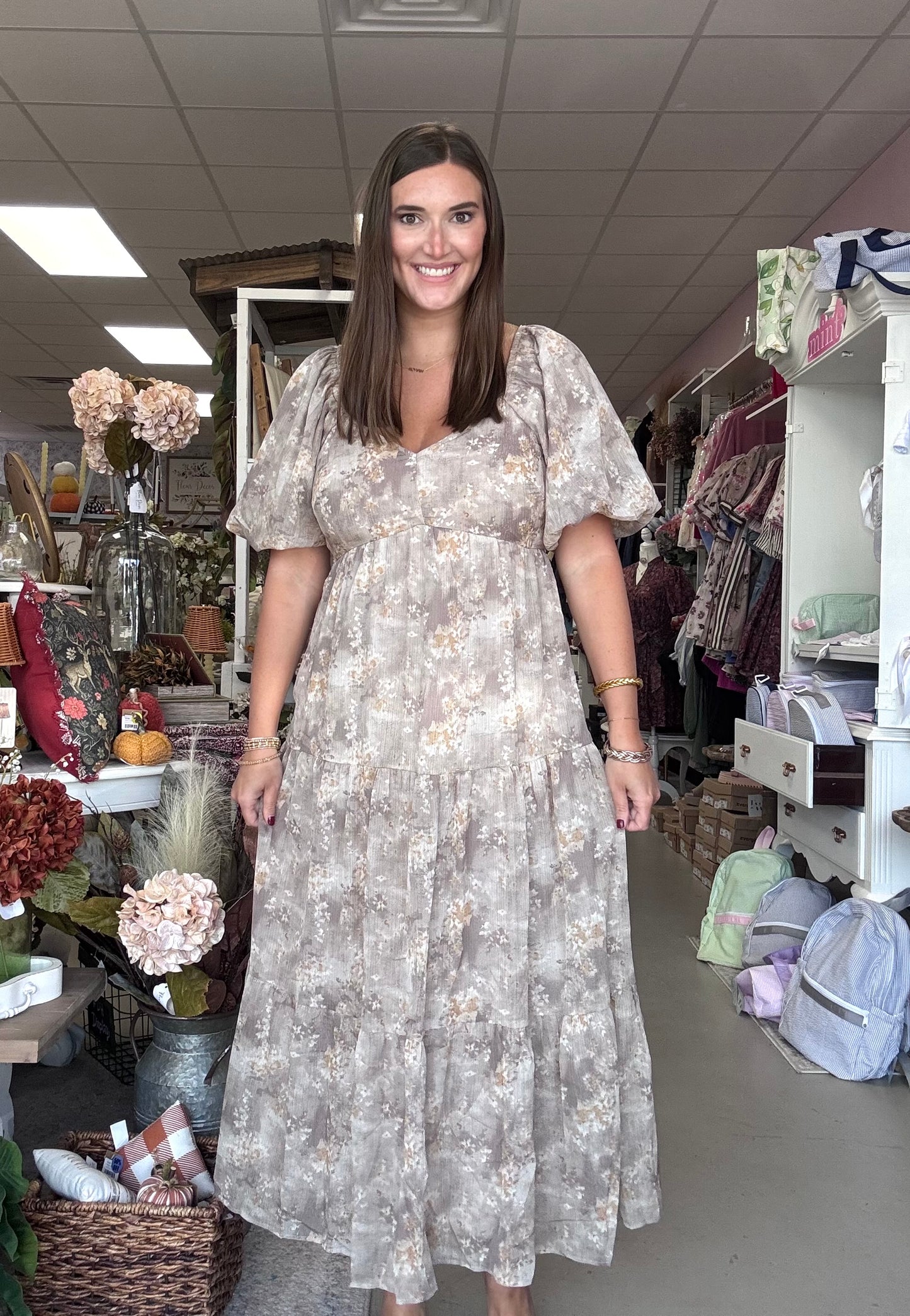 Taupe Shimmer Floral Print Dress