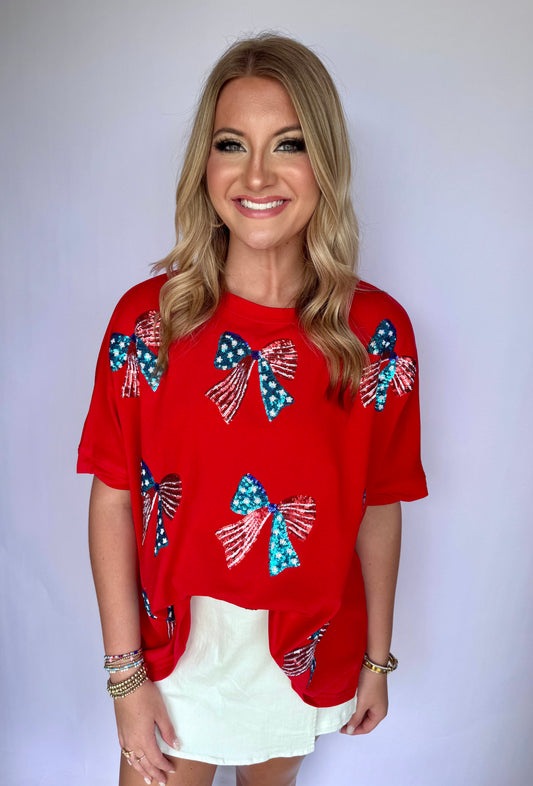 Patriotic Bow Sequin Top