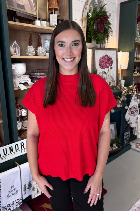 Mock Neck Sweater Top-Red