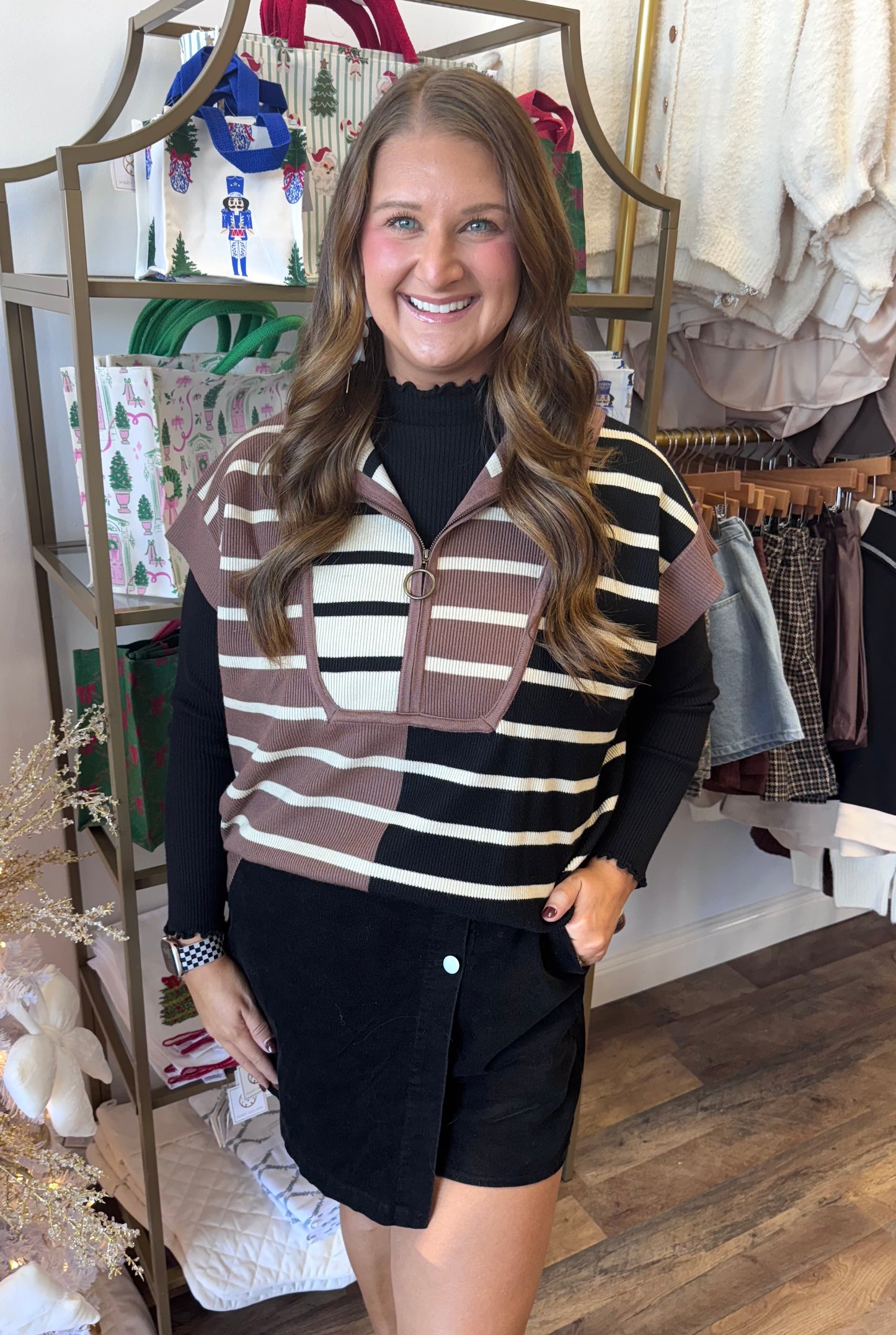 Brown Zip Front Pullover Top (PLUS)