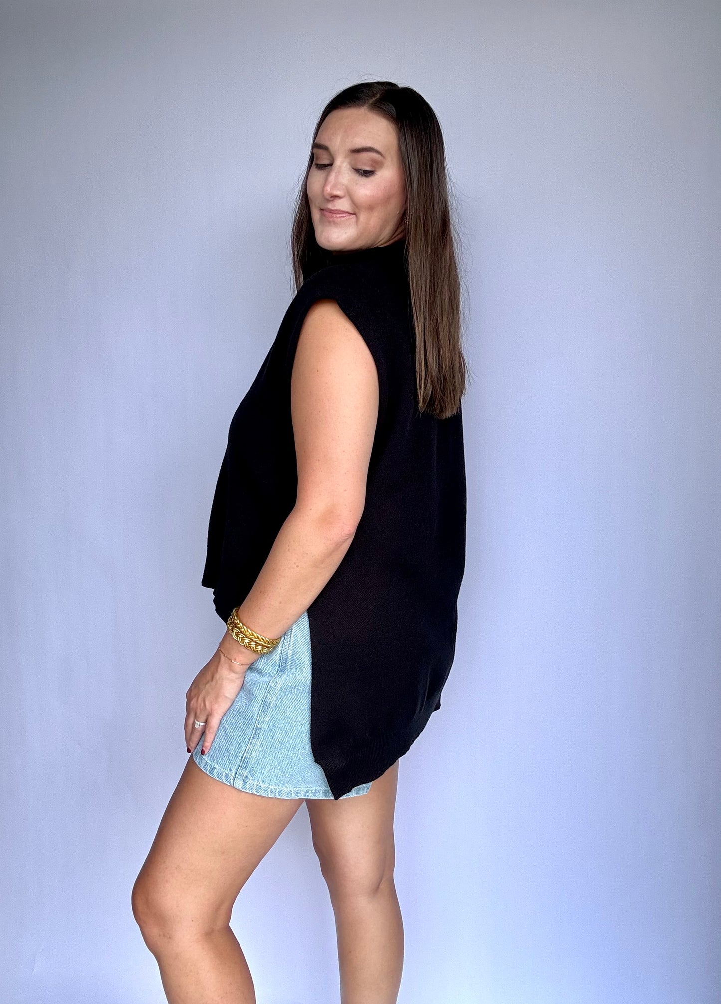 Mock Neck Muscle Tee Sweater- Black