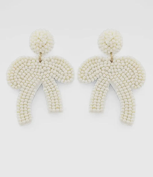 White Beaded Bow Earrings