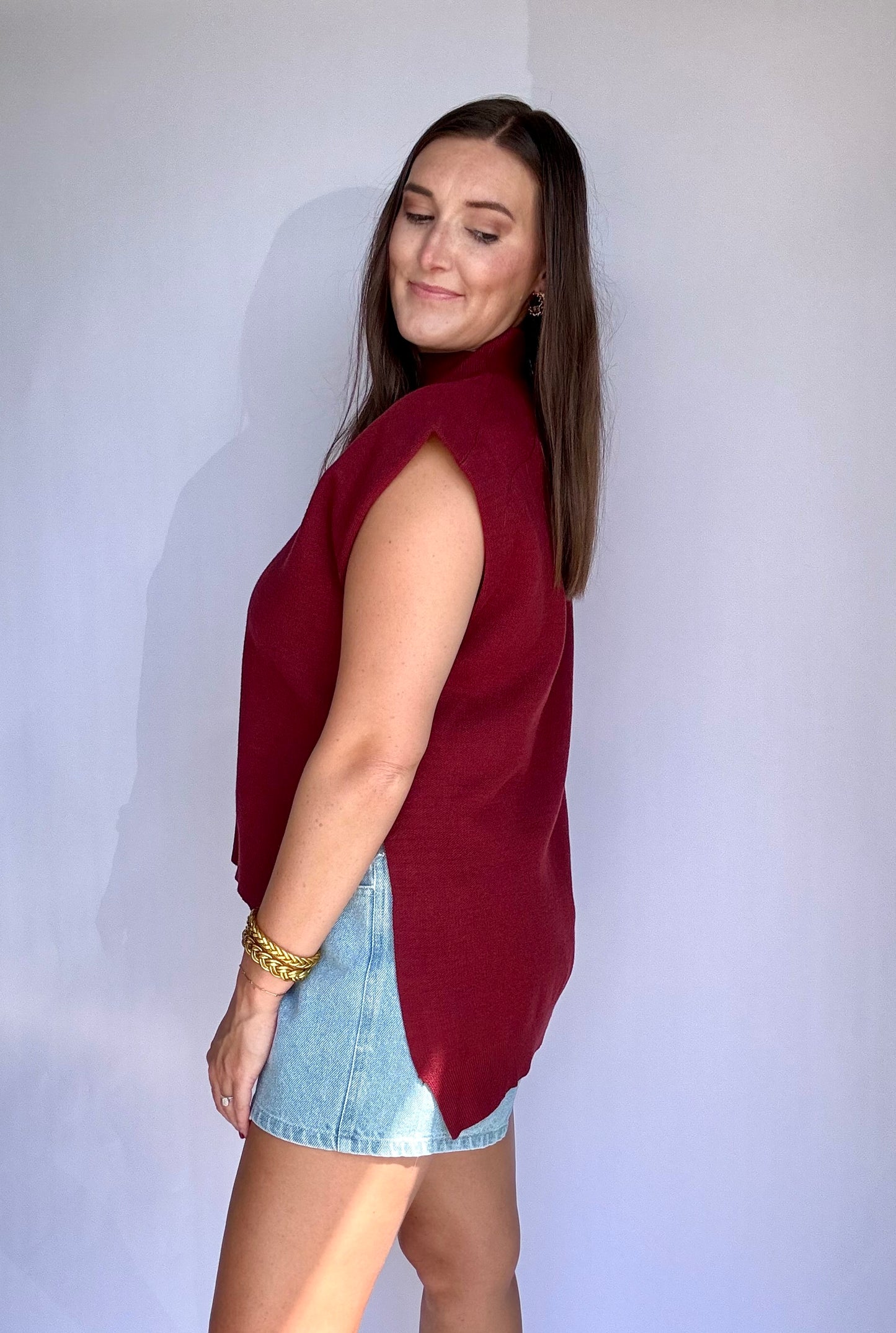 Mock Neck Muscle Tee Sweater- Maroon