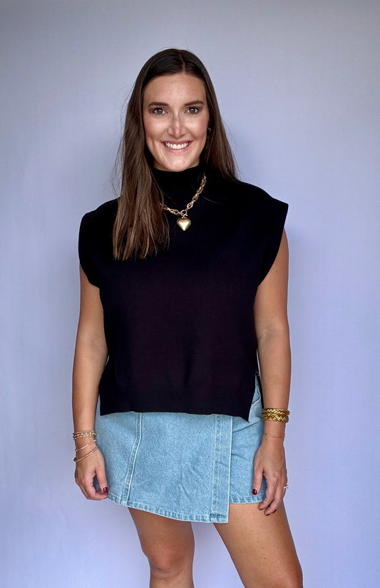 Mock Neck Muscle Tee Sweater- Black