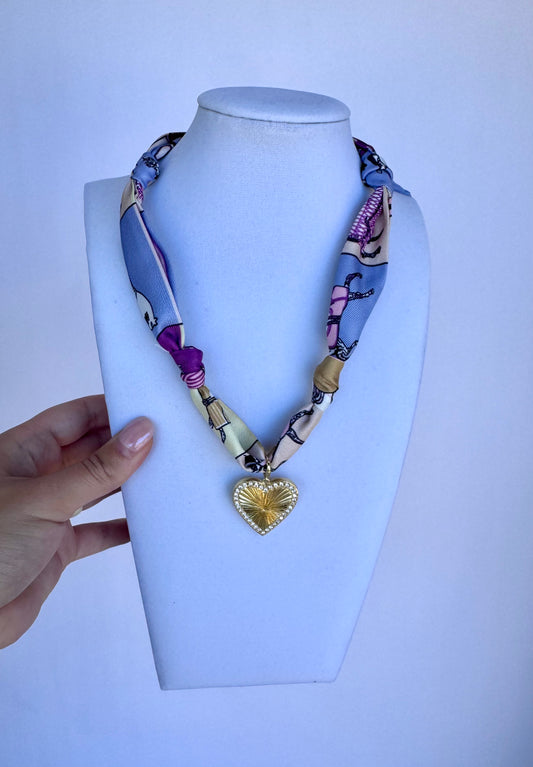 Rhinestone Heart Scarf Necklace (Ppl/Gld)