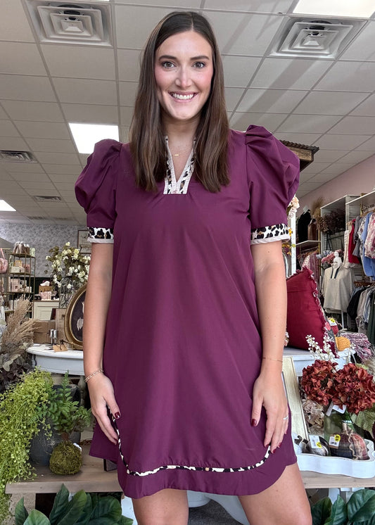 Lena Leopard Dress-Maroon