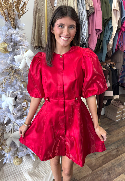 Santa Baby Shiny Red Puff Sleeve Mini Dress