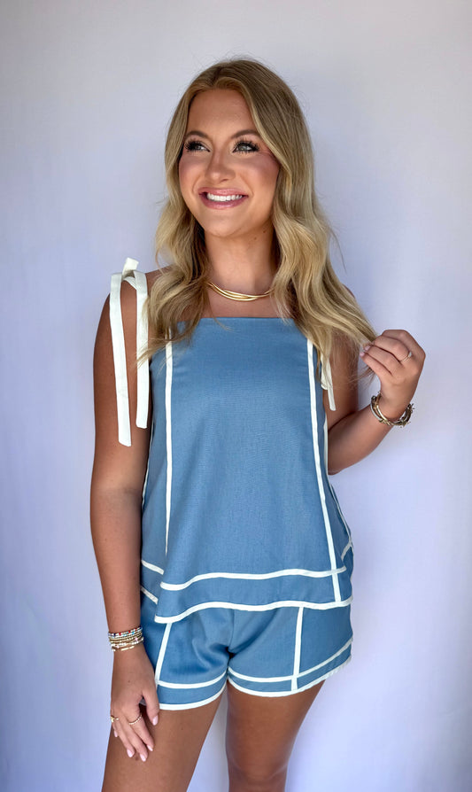 Dusty Blue Tie Shoulder Set