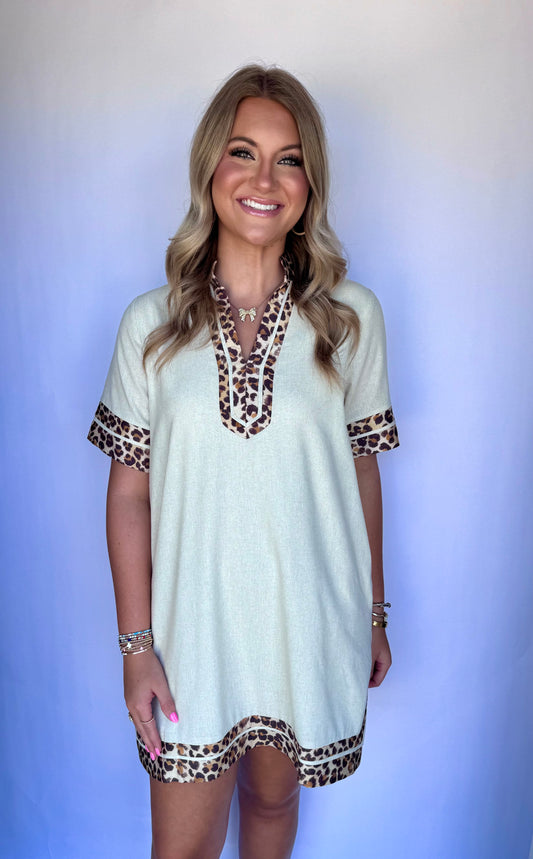 Oatmeal Leopard Trim Dress