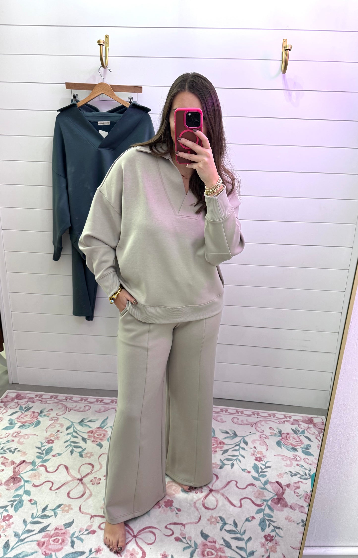 Scuba Collared Pullover Pant Set-Ash Mocha