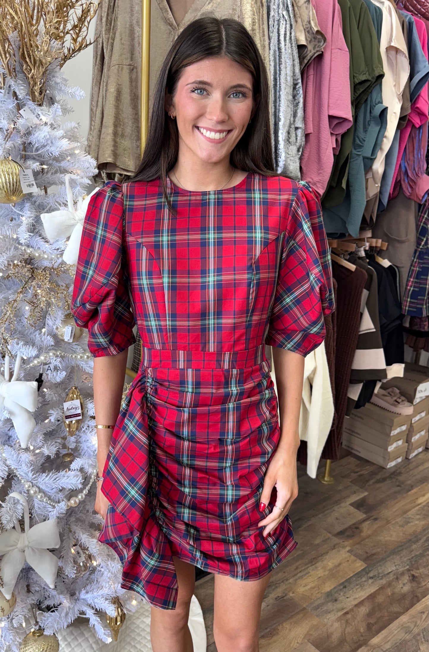 Plaid Puff Sleeve Ruffle Dress