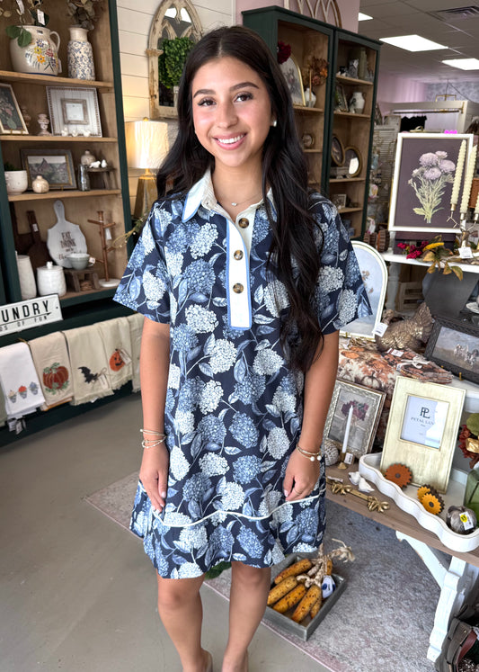 Navy Button Front Floral Print Dress