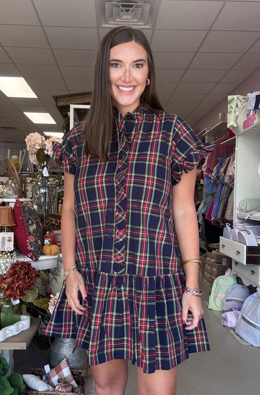 Plaid Perfection Dress-Navy