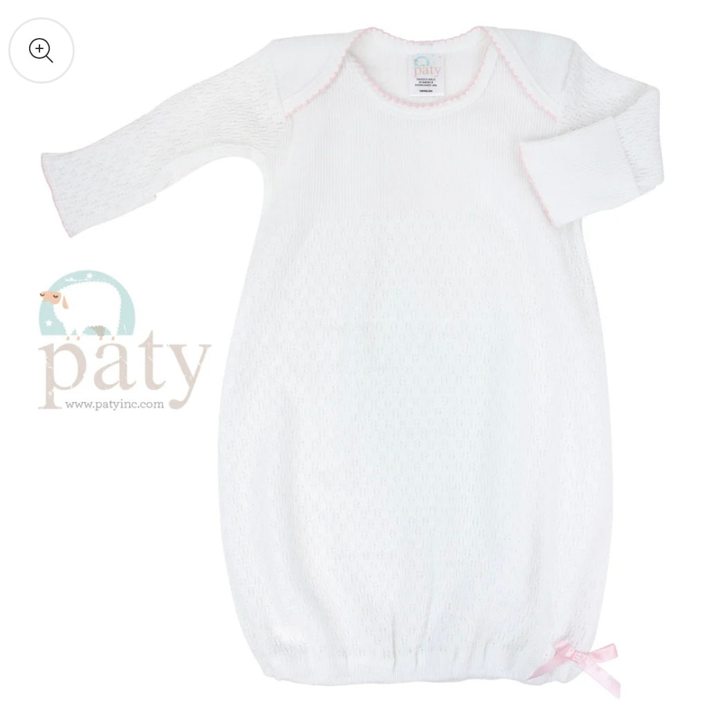 Paty Knit Gown: White w/Pink & Bow